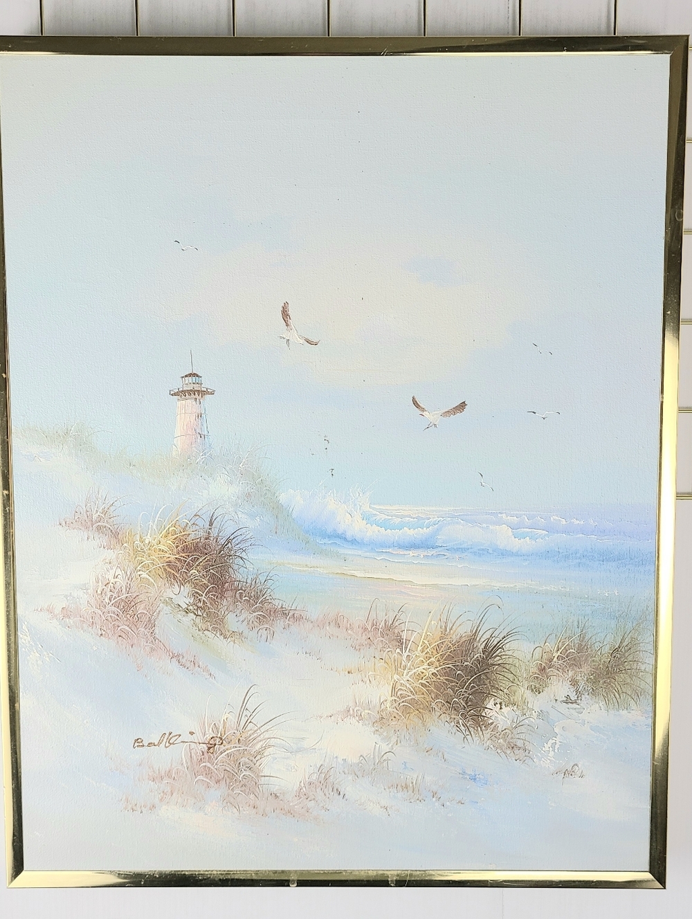 Vintage Signed Ocean Waves Lighthouse Coastal Scene Oil Canvas Art Painting
